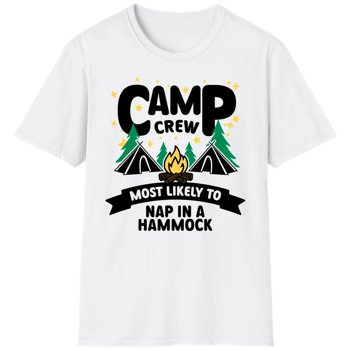 Camp crew design with teepees, campfire, and stars featuring text 'Most Likely To Nap In A Hammock' in White