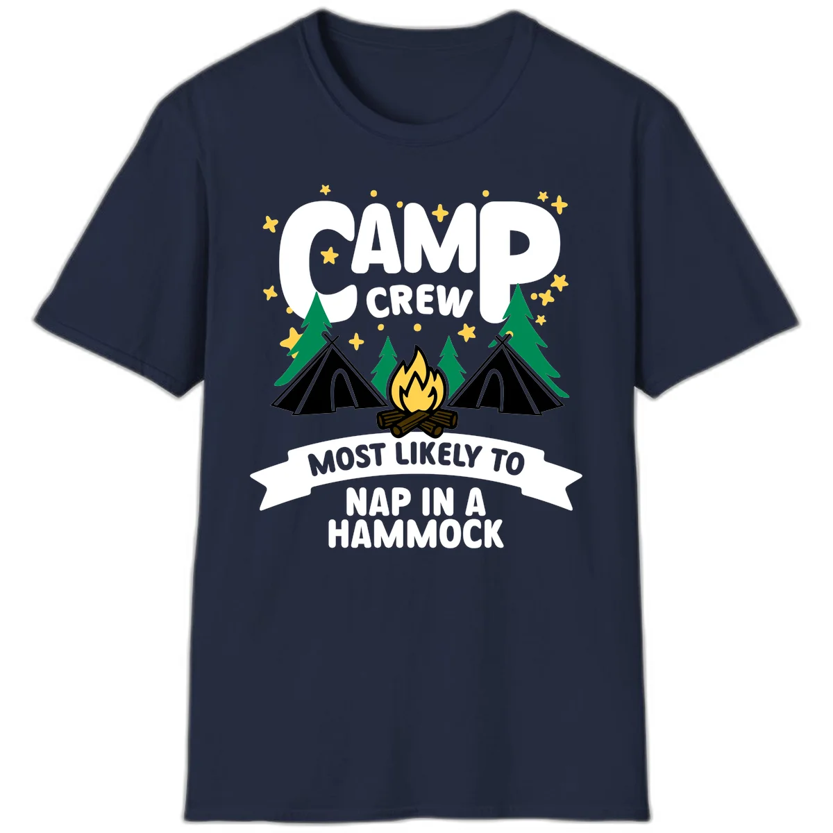 Camp crew design with teepees, campfire, and stars featuring text 'Most Likely To Nap In A Hammock' in Navy