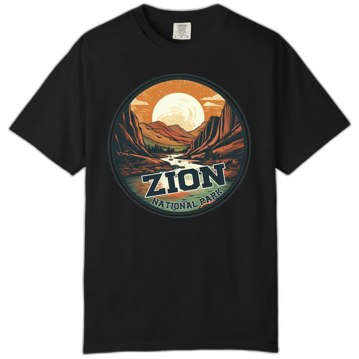 Zion canyon moonrise badge design with red rock walls, moon, river, and evergreens in warm earth tones in Black