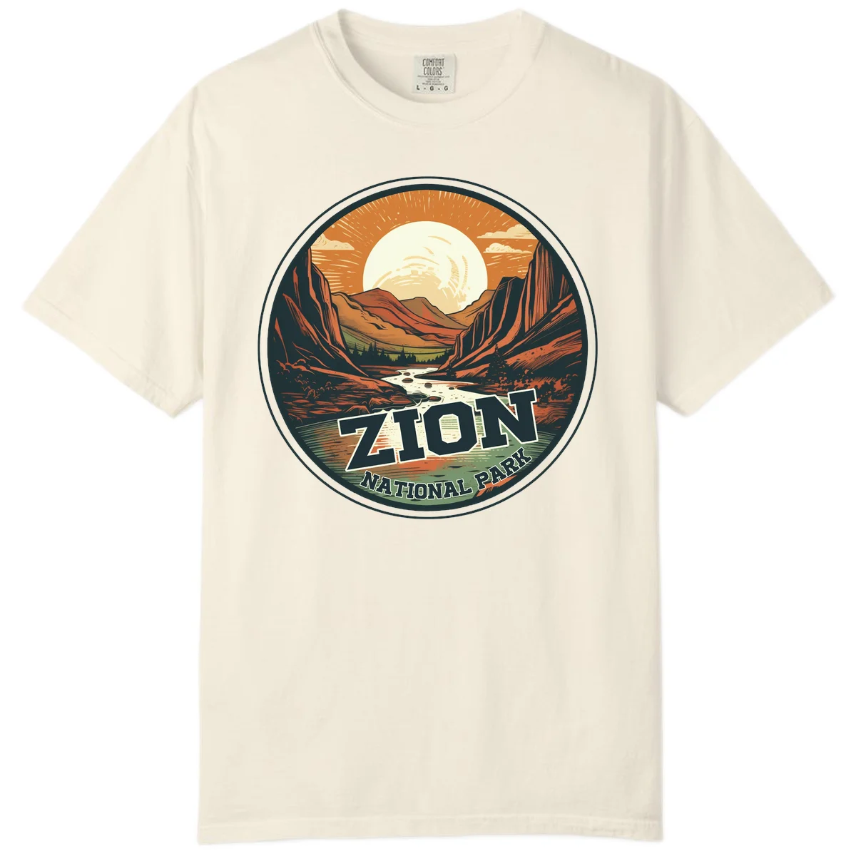 Zion canyon moonrise badge design with red rock walls, moon, river, and evergreens in warm earth tones in Ivory