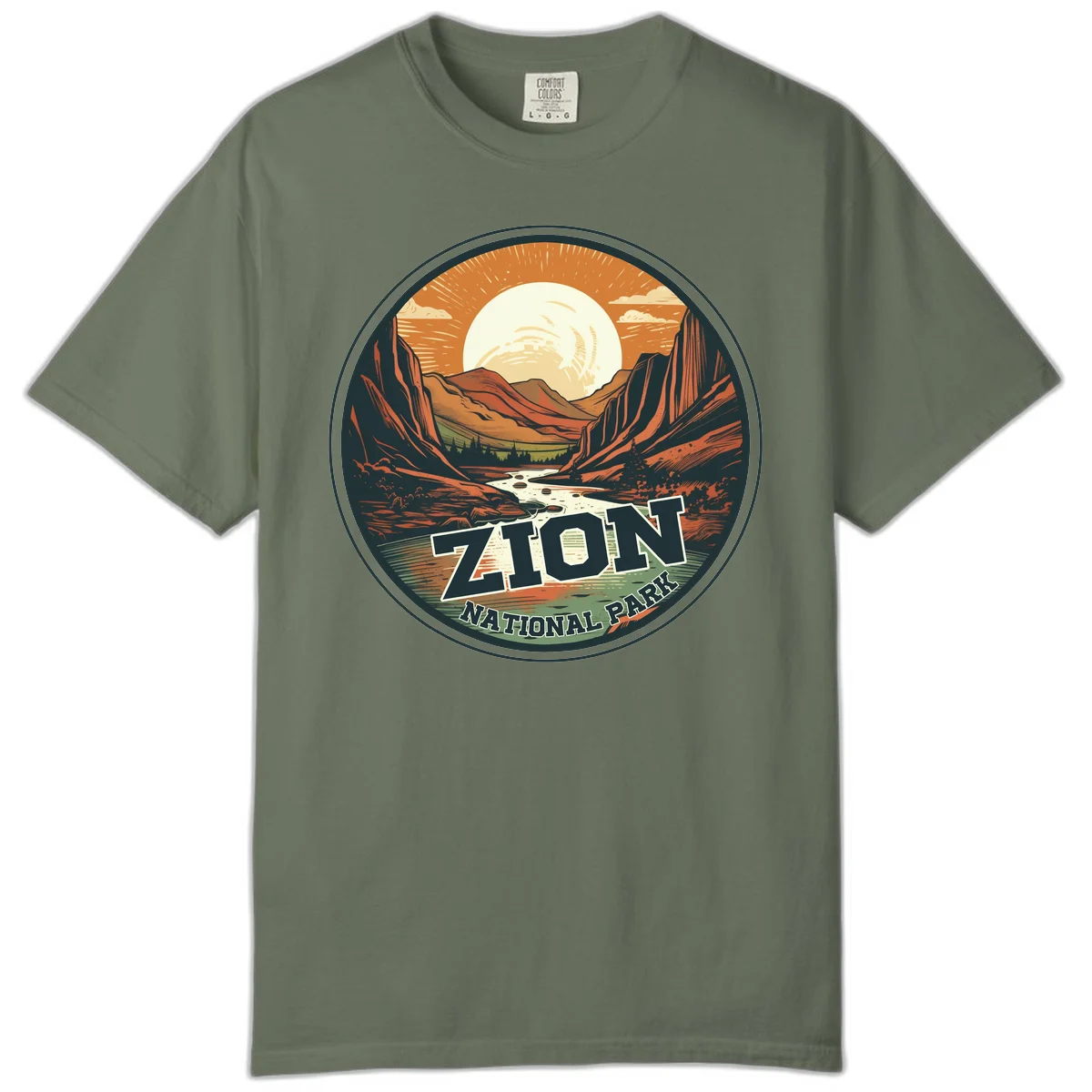 Zion canyon moonrise badge design with red rock walls, moon, river, and evergreens in warm earth tones in Moss