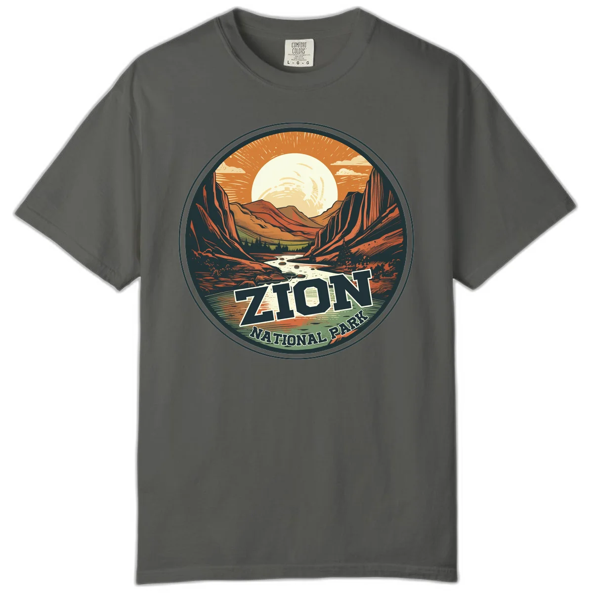 Zion canyon moonrise badge design with red rock walls, moon, river, and evergreens in warm earth tones in Pepper