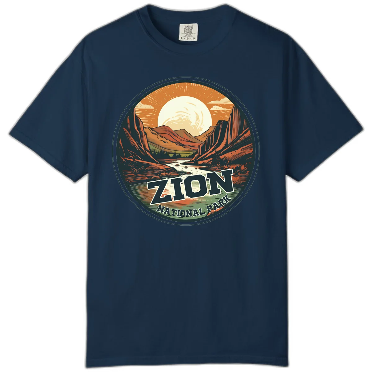 Zion canyon moonrise badge design with red rock walls, moon, river, and evergreens in warm earth tones in True Navy