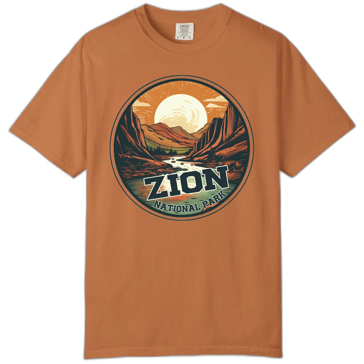 Zion canyon moonrise badge design with red rock walls, moon, river, and evergreens in warm earth tones in Yam