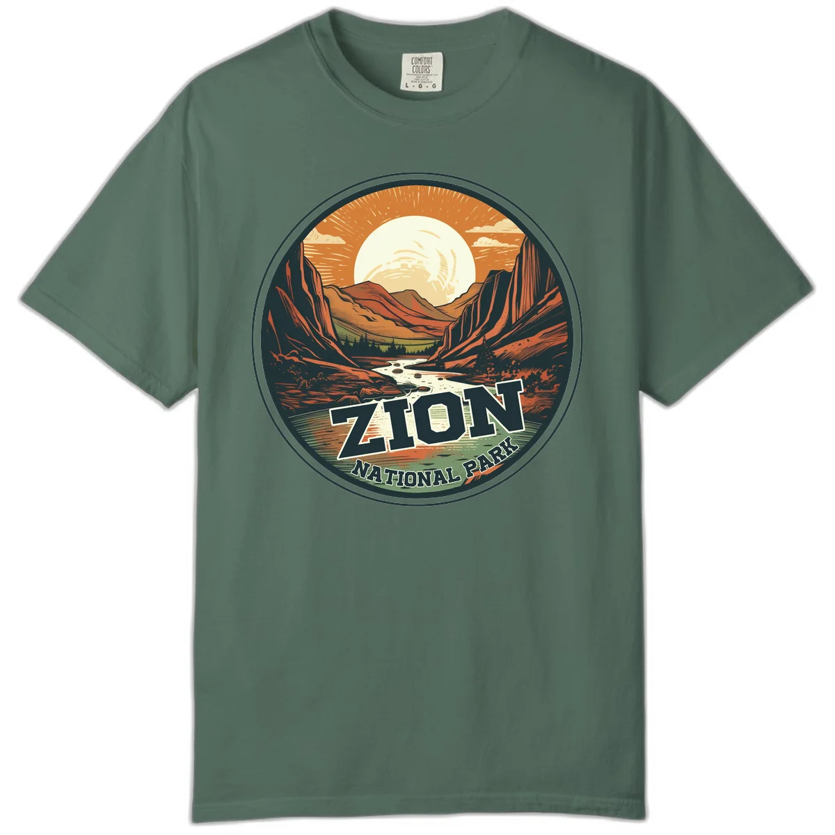 Zion canyon moonrise badge design with red rock walls, moon, river, and evergreens in warm earth tones in Blue Spruce