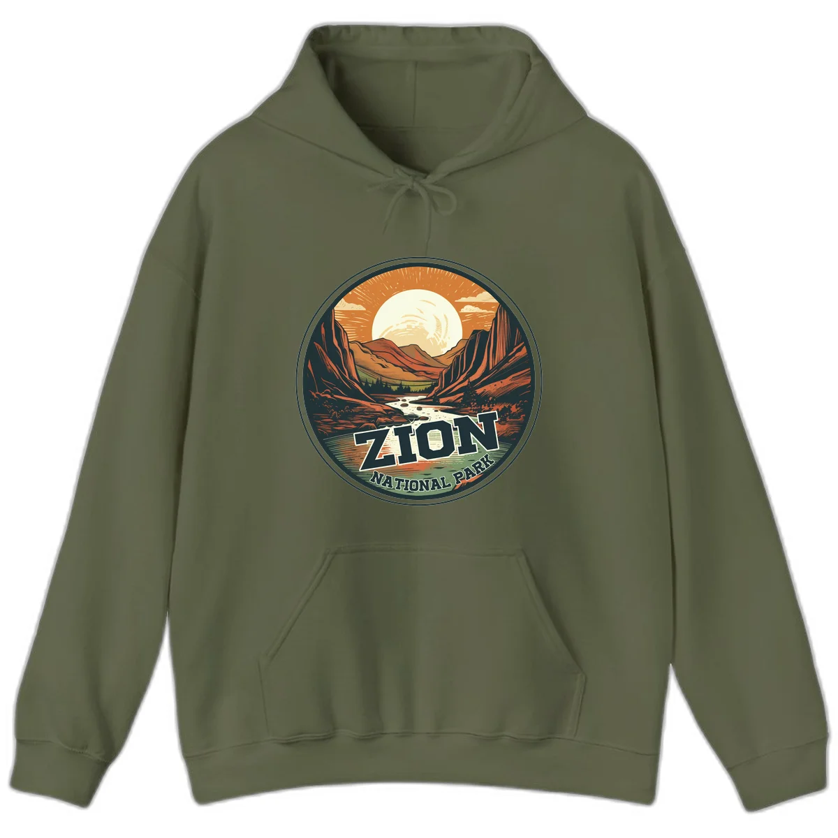 Zion canyon moonrise badge design with red rock walls, moon, river, and evergreens in warm earth tones in Military Green
