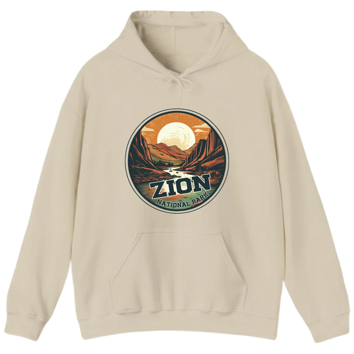 Zion canyon moonrise badge design with red rock walls, moon, river, and evergreens in warm earth tones in Sand