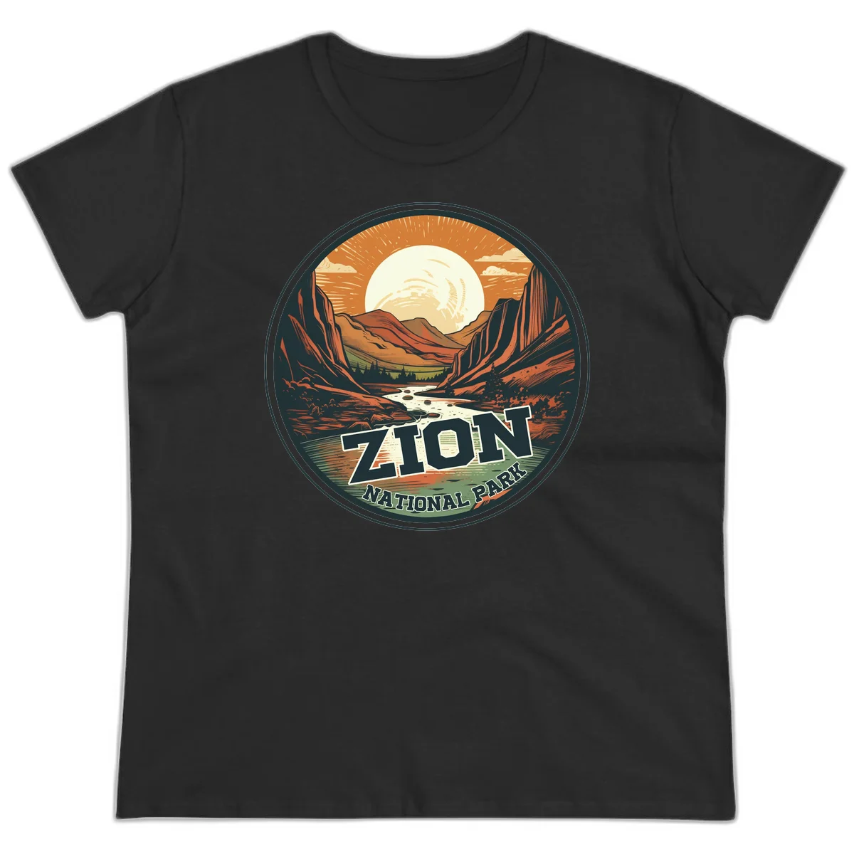 Zion canyon moonrise badge design with red rock walls, moon, river, and evergreens in warm earth tones in Black