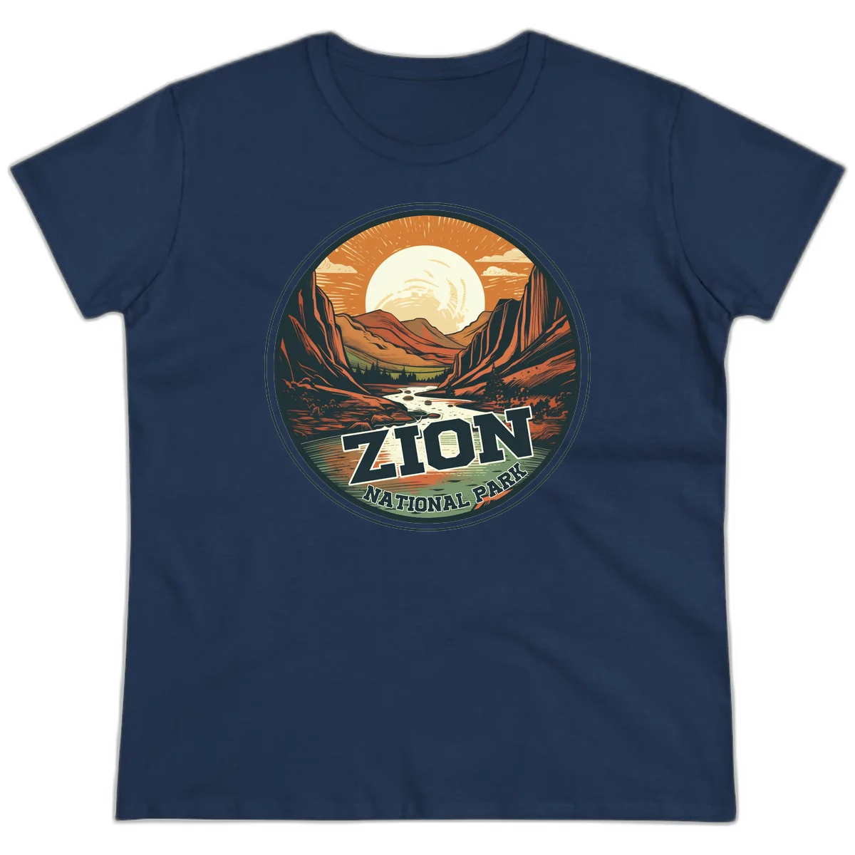 Zion canyon moonrise badge design with red rock walls, moon, river, and evergreens in warm earth tones in Navy