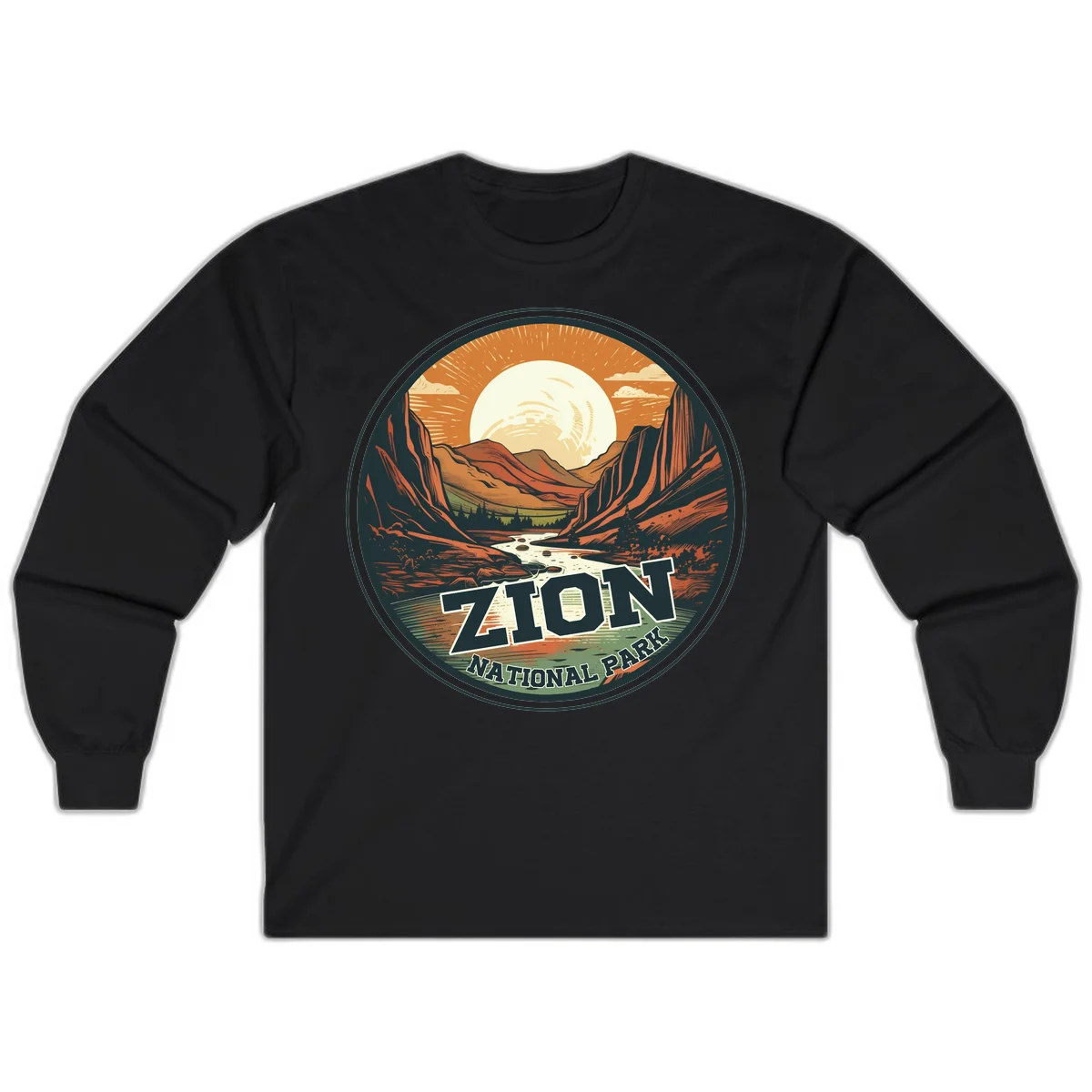 Zion canyon moonrise badge design with red rock walls, moon, river, and evergreens in warm earth tones in Black