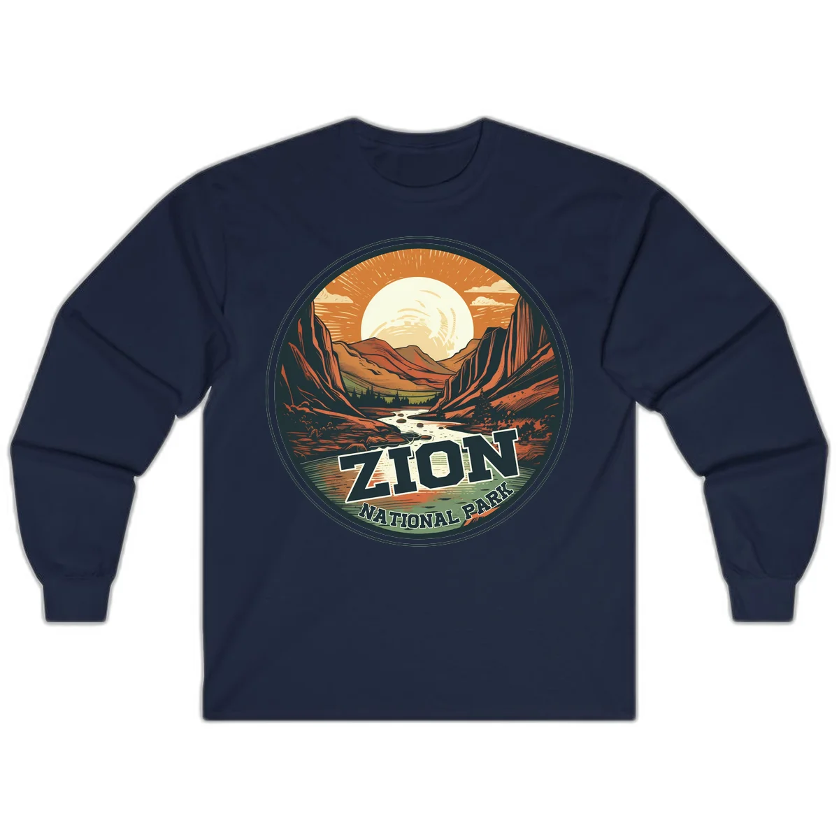 Zion canyon moonrise badge design with red rock walls, moon, river, and evergreens in warm earth tones in Navy