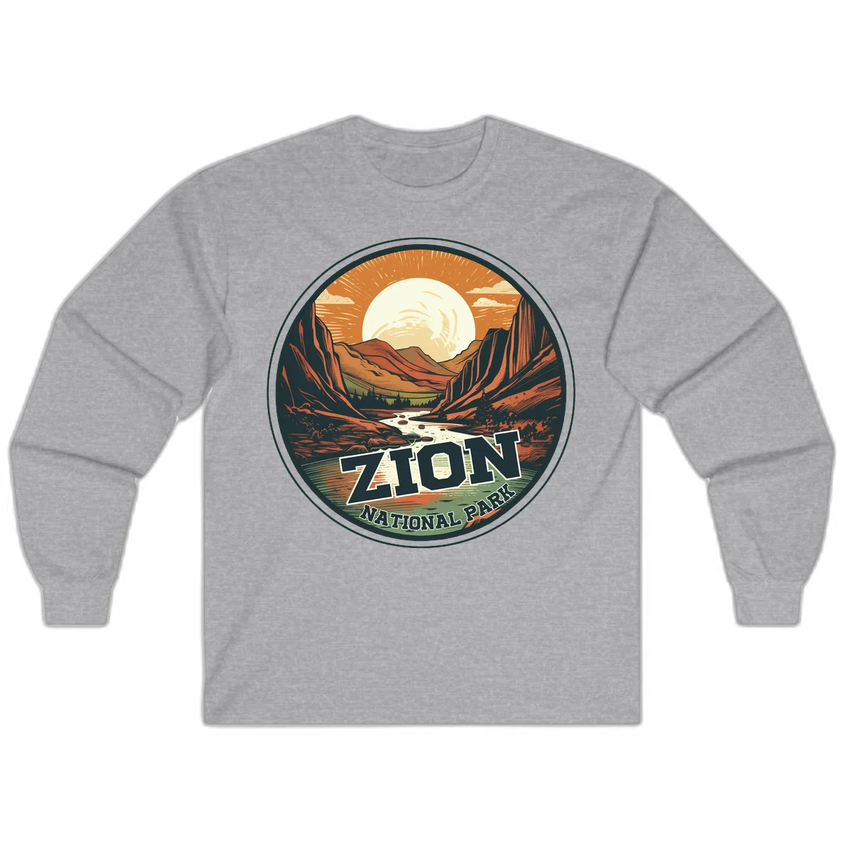 Zion canyon moonrise badge design with red rock walls, moon, river, and evergreens in warm earth tones in Sport Grey