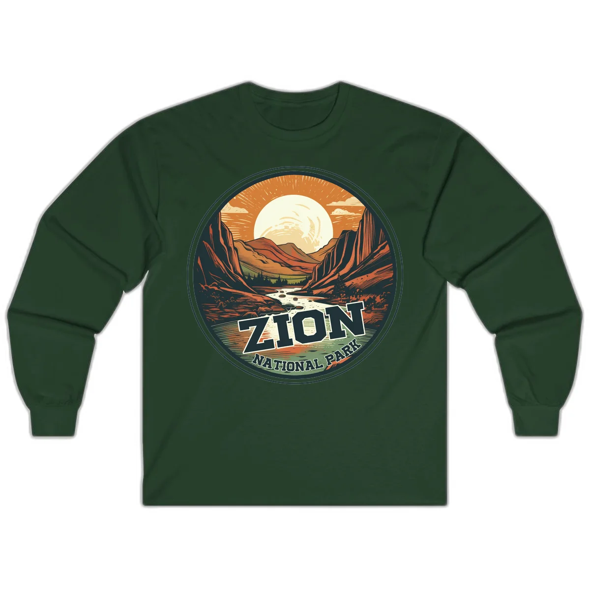 Zion canyon moonrise badge design with red rock walls, moon, river, and evergreens in warm earth tones in Forest Green