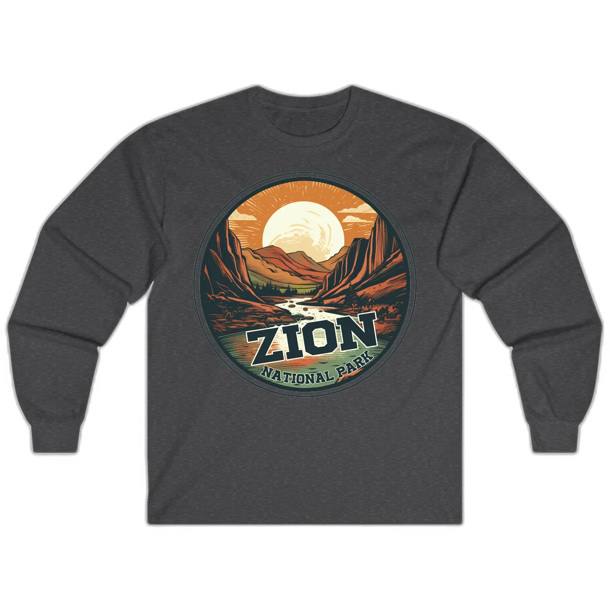 Zion canyon moonrise badge design with red rock walls, moon, river, and evergreens in warm earth tones in Dark Heather