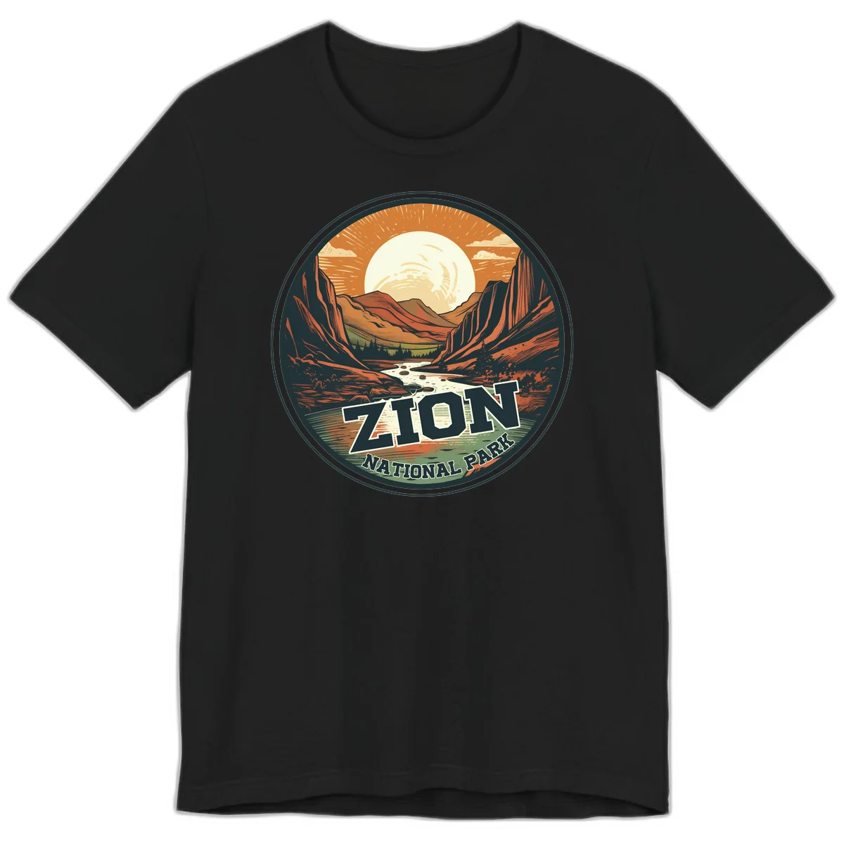 Zion canyon moonrise badge design with red rock walls, moon, river, and evergreens in warm earth tones in Black