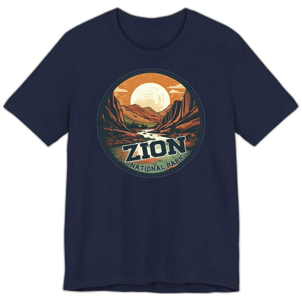 Zion canyon moonrise badge design with red rock walls, moon, river, and evergreens in warm earth tones in Navy