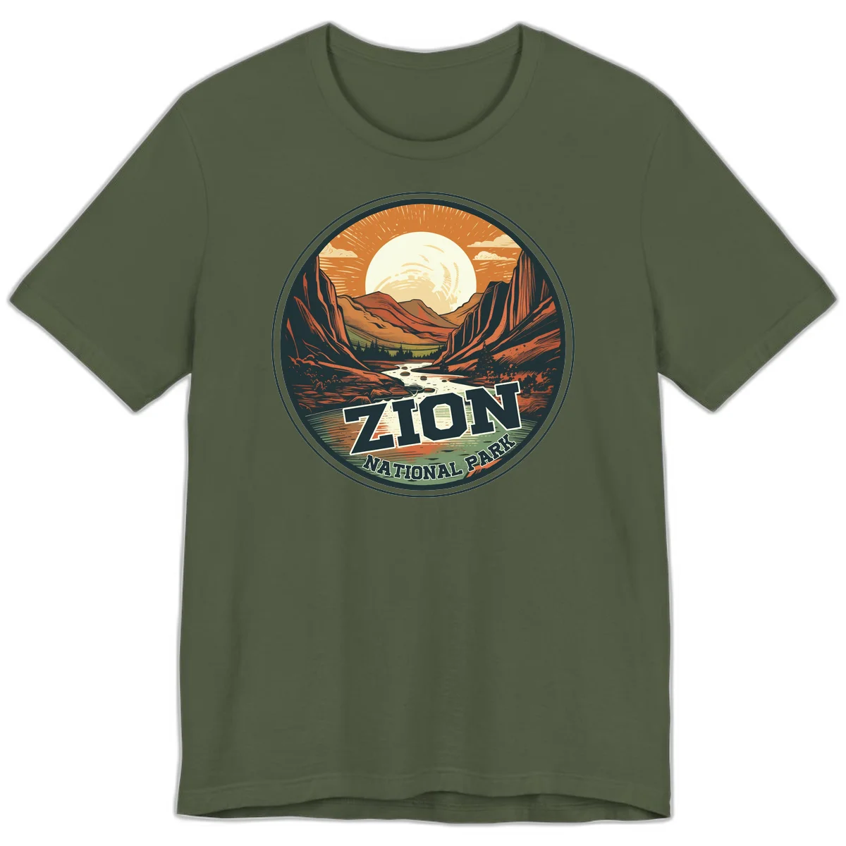 Zion canyon moonrise badge design with red rock walls, moon, river, and evergreens in warm earth tones in Military Green