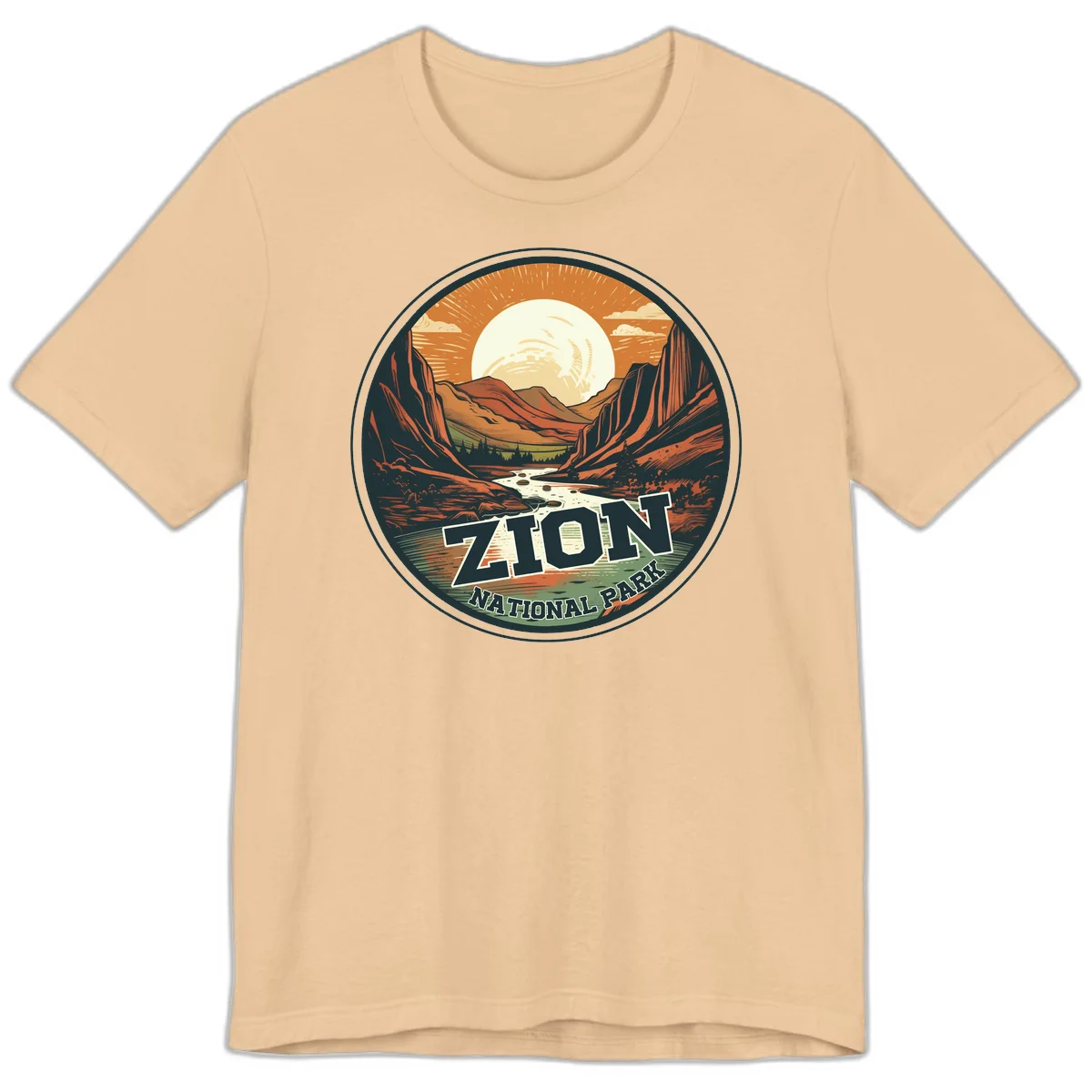Zion canyon moonrise badge design with red rock walls, moon, river, and evergreens in warm earth tones in Sand Dune