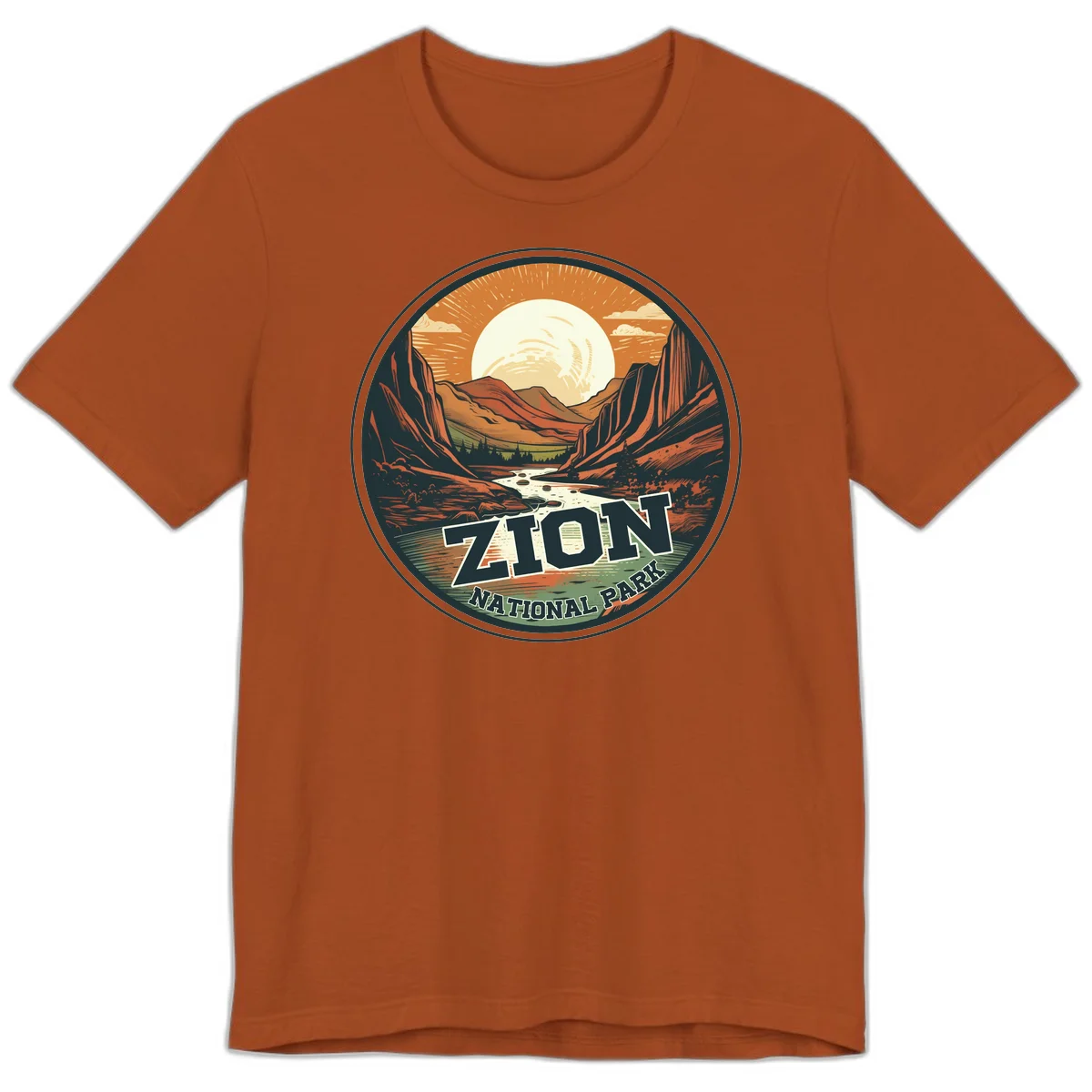 Zion canyon moonrise badge design with red rock walls, moon, river, and evergreens in warm earth tones in Autumn