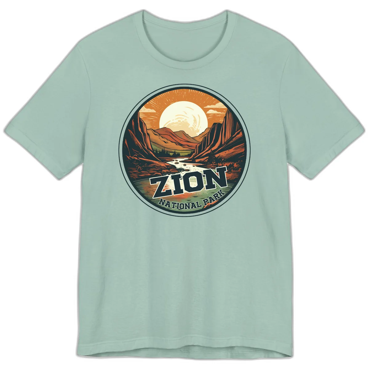 Zion canyon moonrise badge design with red rock walls, moon, river, and evergreens in warm earth tones in Dusty Blue