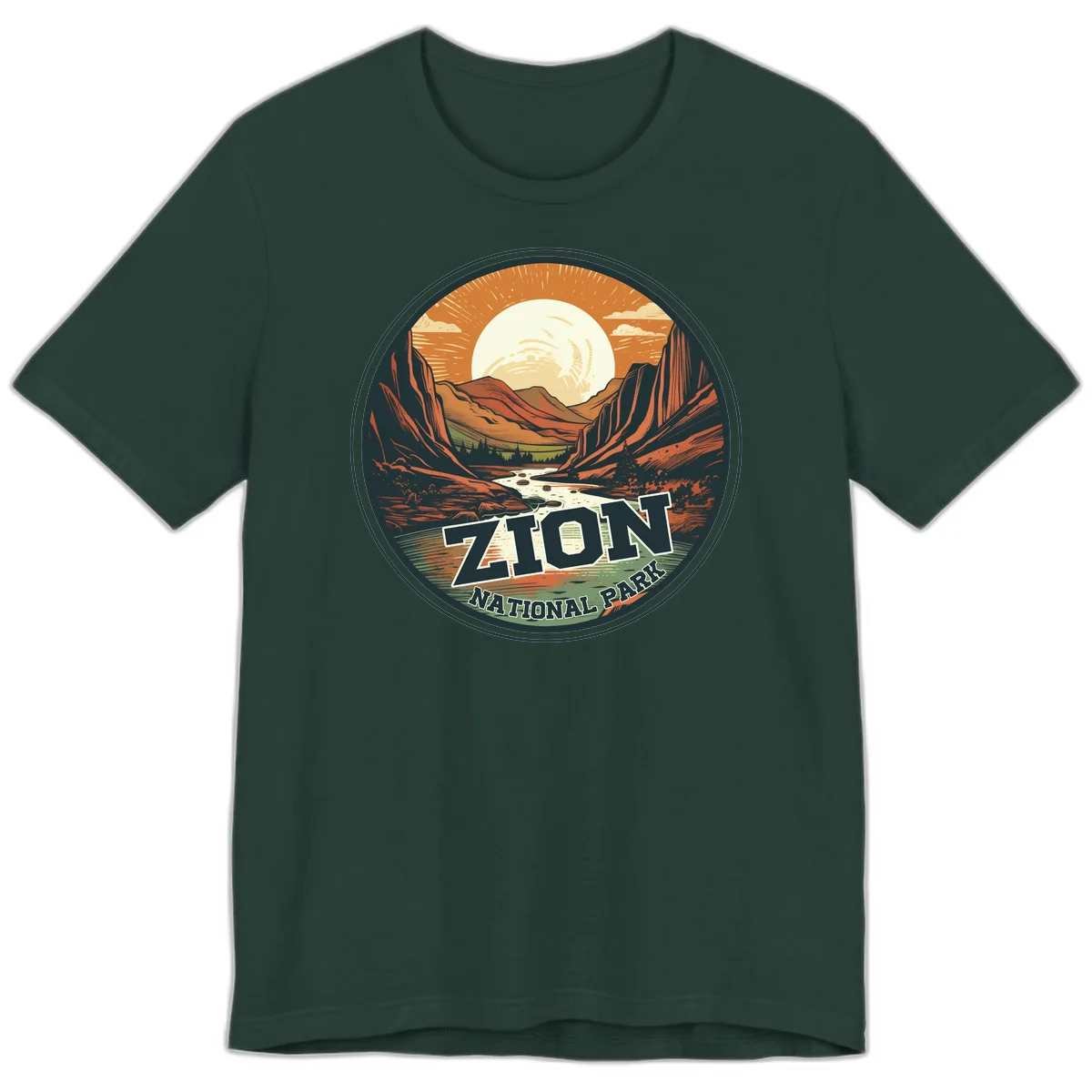 Zion canyon moonrise badge design with red rock walls, moon, river, and evergreens in warm earth tones in Forest