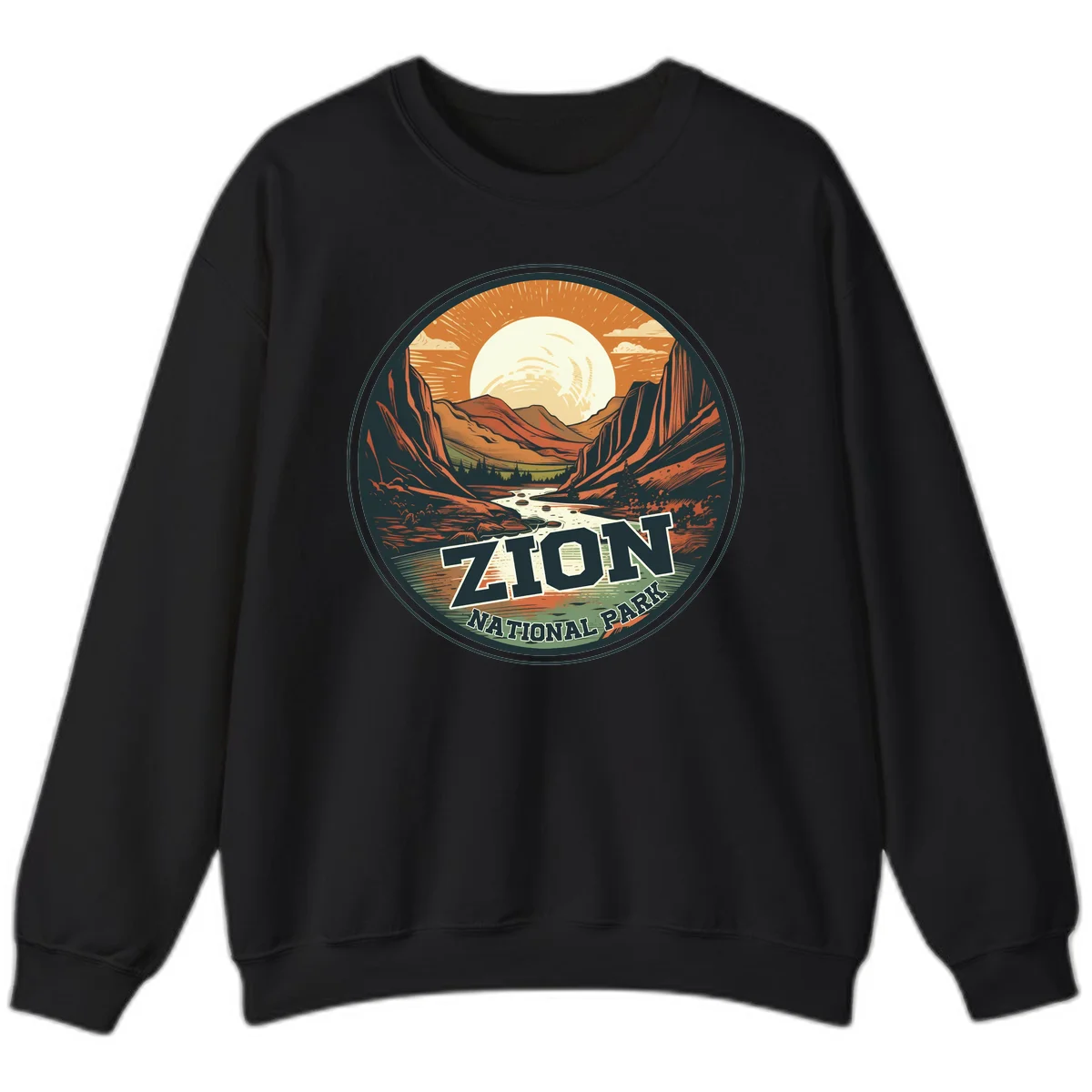 Zion canyon moonrise badge design with red rock walls, moon, river, and evergreens in warm earth tones in Black