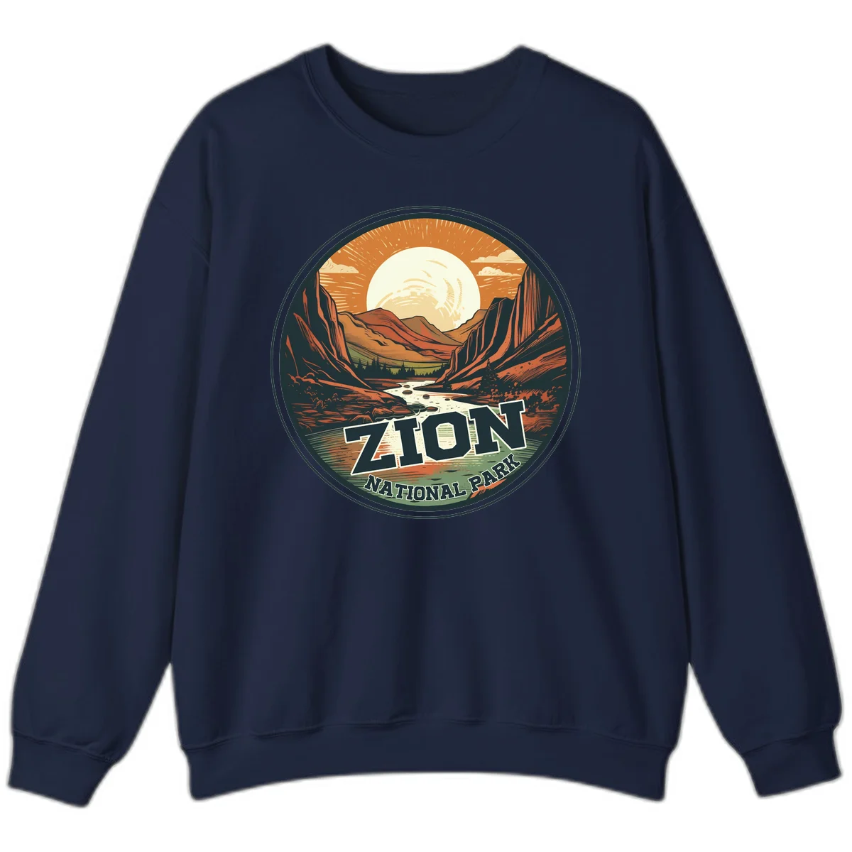 Zion canyon moonrise badge design with red rock walls, moon, river, and evergreens in warm earth tones in Navy