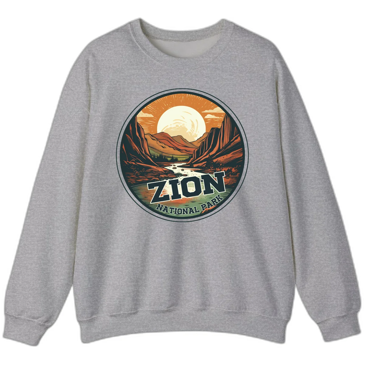 Zion canyon moonrise badge design with red rock walls, moon, river, and evergreens in warm earth tones in Sport Grey