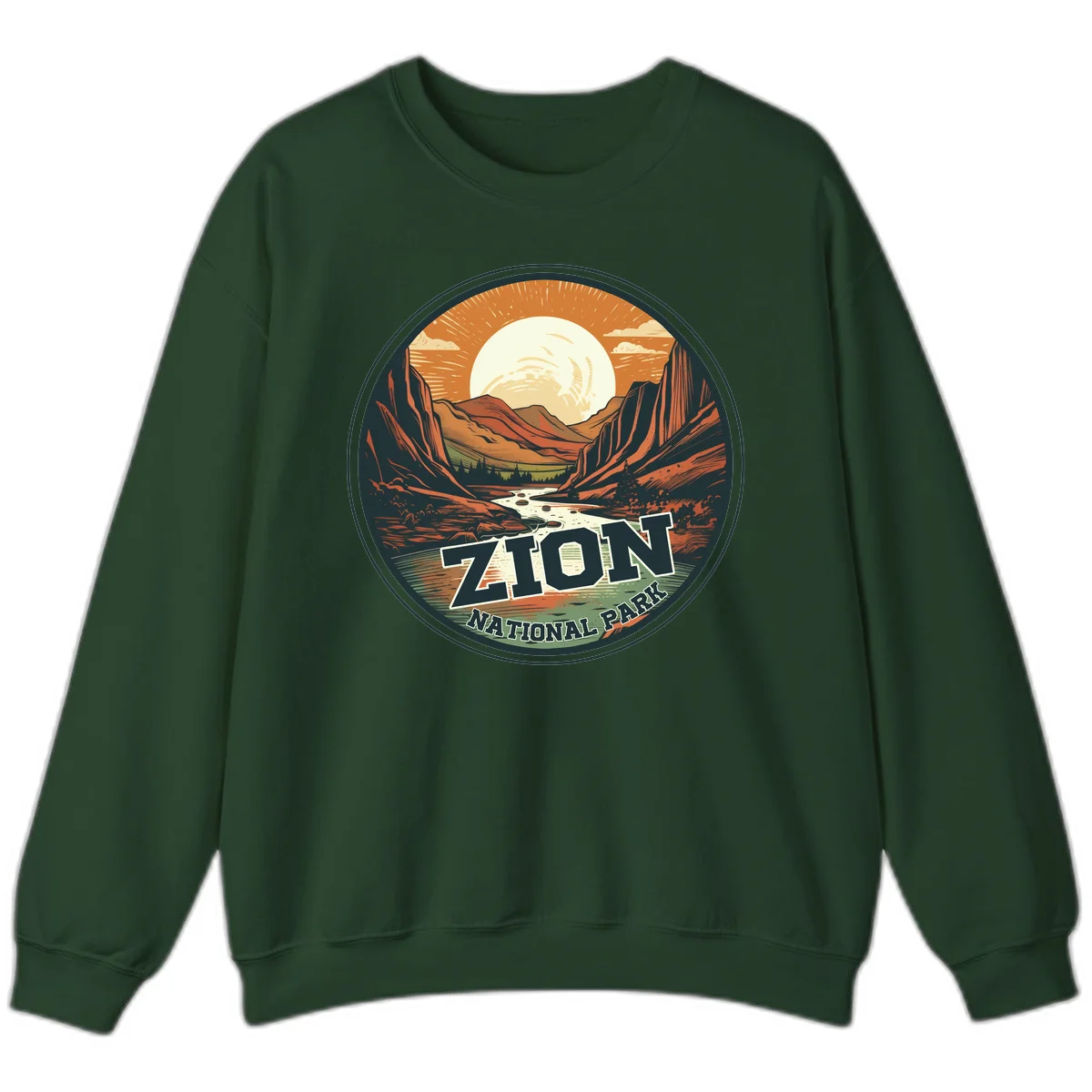 Zion canyon moonrise badge design with red rock walls, moon, river, and evergreens in warm earth tones in Forest Green