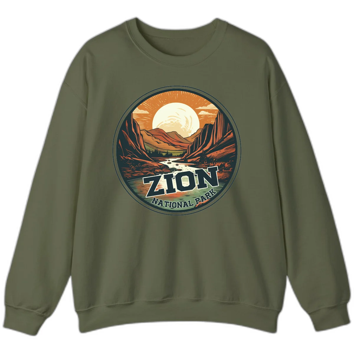 Zion canyon moonrise badge design with red rock walls, moon, river, and evergreens in warm earth tones in Military Green