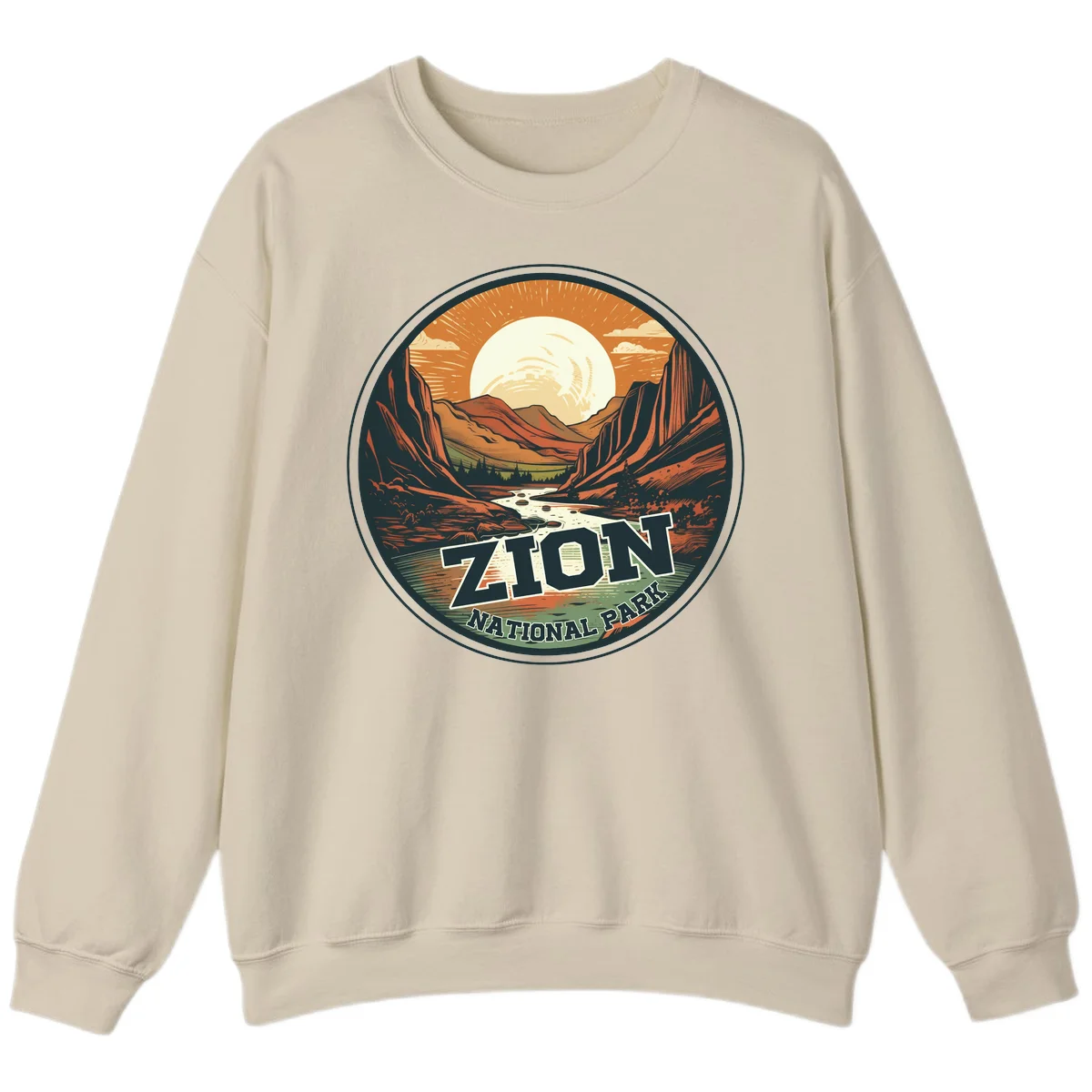 Zion canyon moonrise badge design with red rock walls, moon, river, and evergreens in warm earth tones in Sand