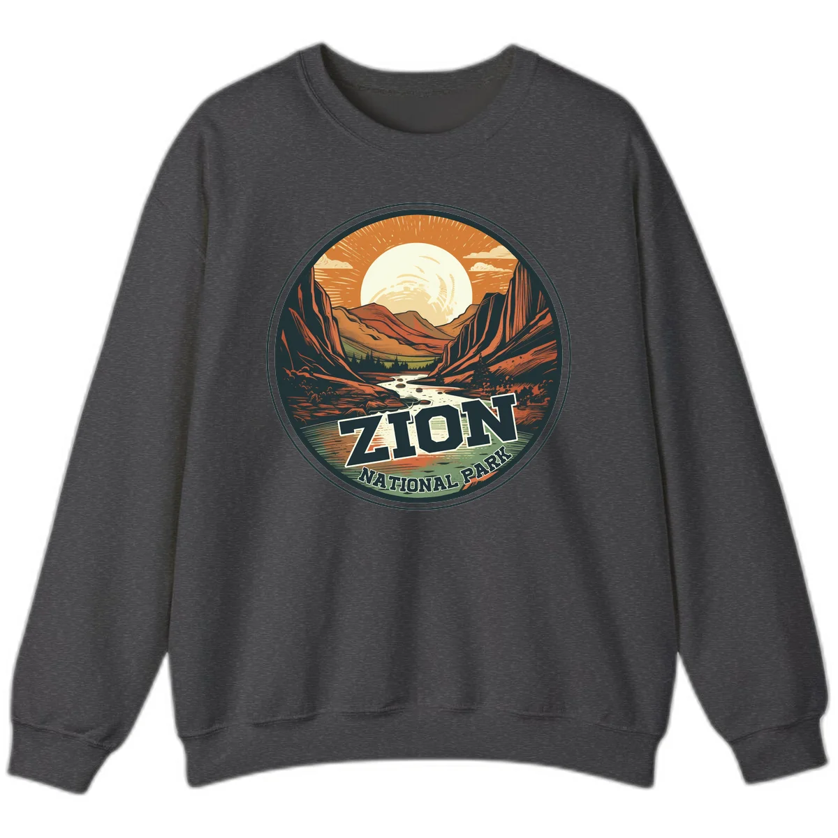 Zion canyon moonrise badge design with red rock walls, moon, river, and evergreens in warm earth tones in Dark Heather