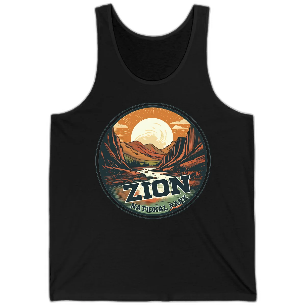 Zion canyon moonrise badge design with red rock walls, moon, river, and evergreens in warm earth tones in Black