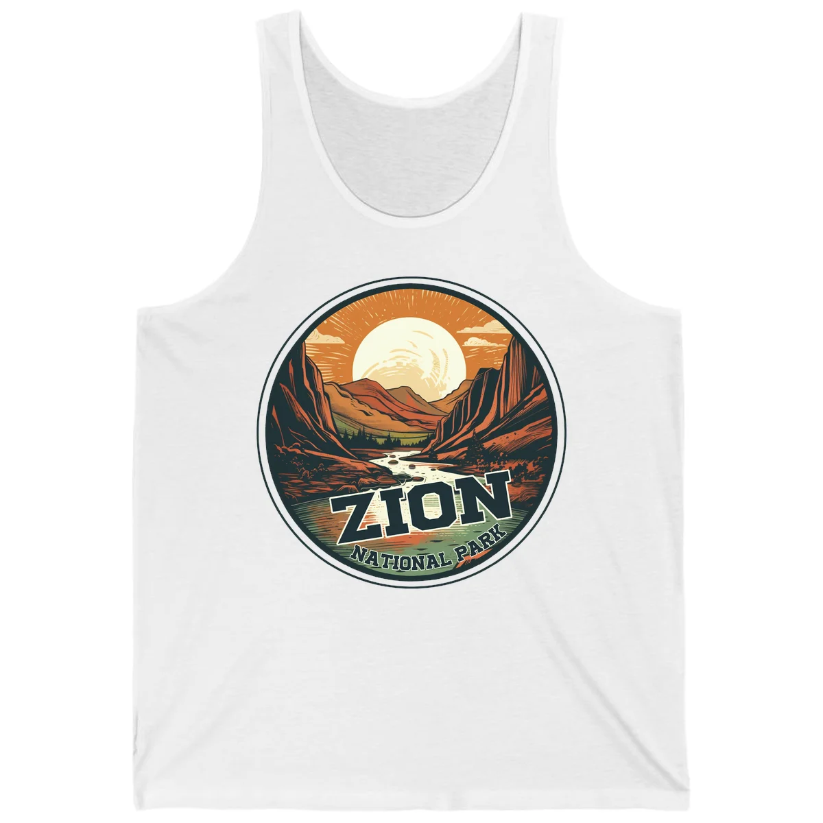 Zion canyon moonrise badge design with red rock walls, moon, river, and evergreens in warm earth tones in White