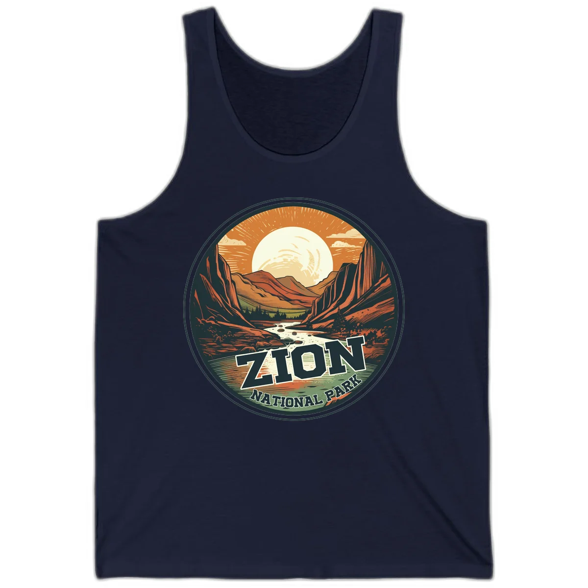 Zion canyon moonrise badge design with red rock walls, moon, river, and evergreens in warm earth tones in Navy