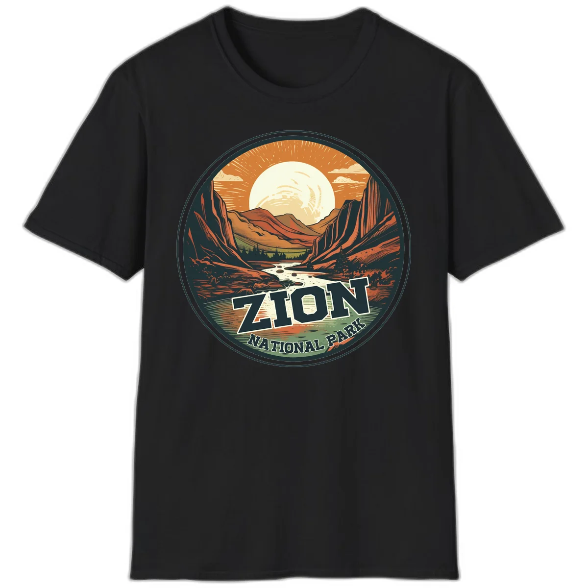 Zion canyon moonrise badge design with red rock walls, moon, river, and evergreens in warm earth tones in Black