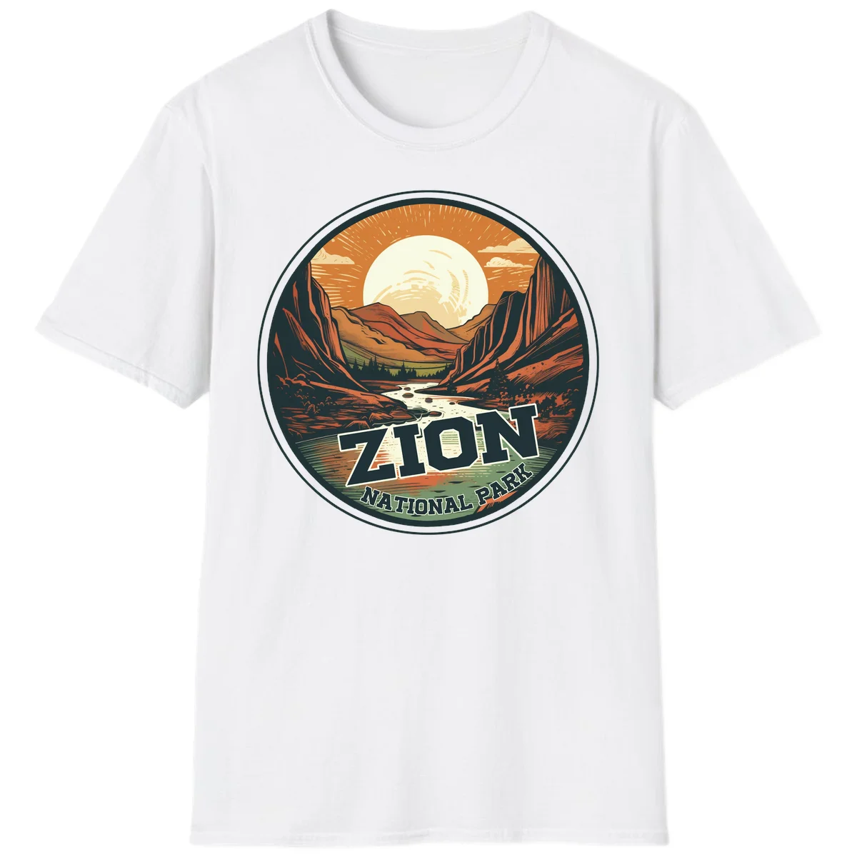 Zion canyon moonrise badge design with red rock walls, moon, river, and evergreens in warm earth tones in White