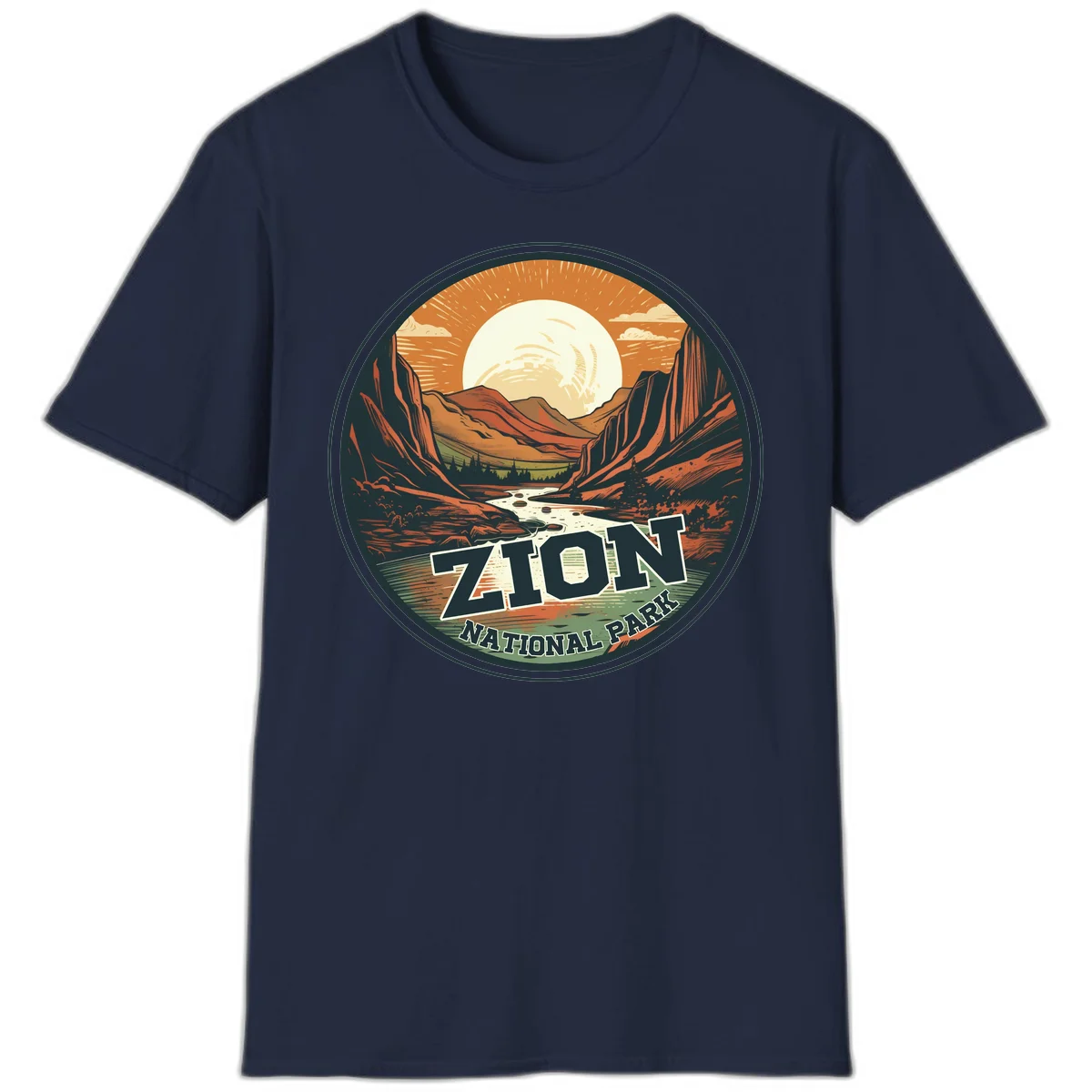 Zion canyon moonrise badge design with red rock walls, moon, river, and evergreens in warm earth tones in Navy