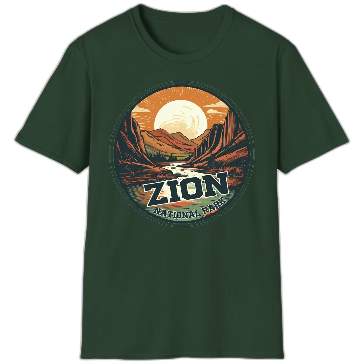 Zion canyon moonrise badge design with red rock walls, moon, river, and evergreens in warm earth tones in Forest Green