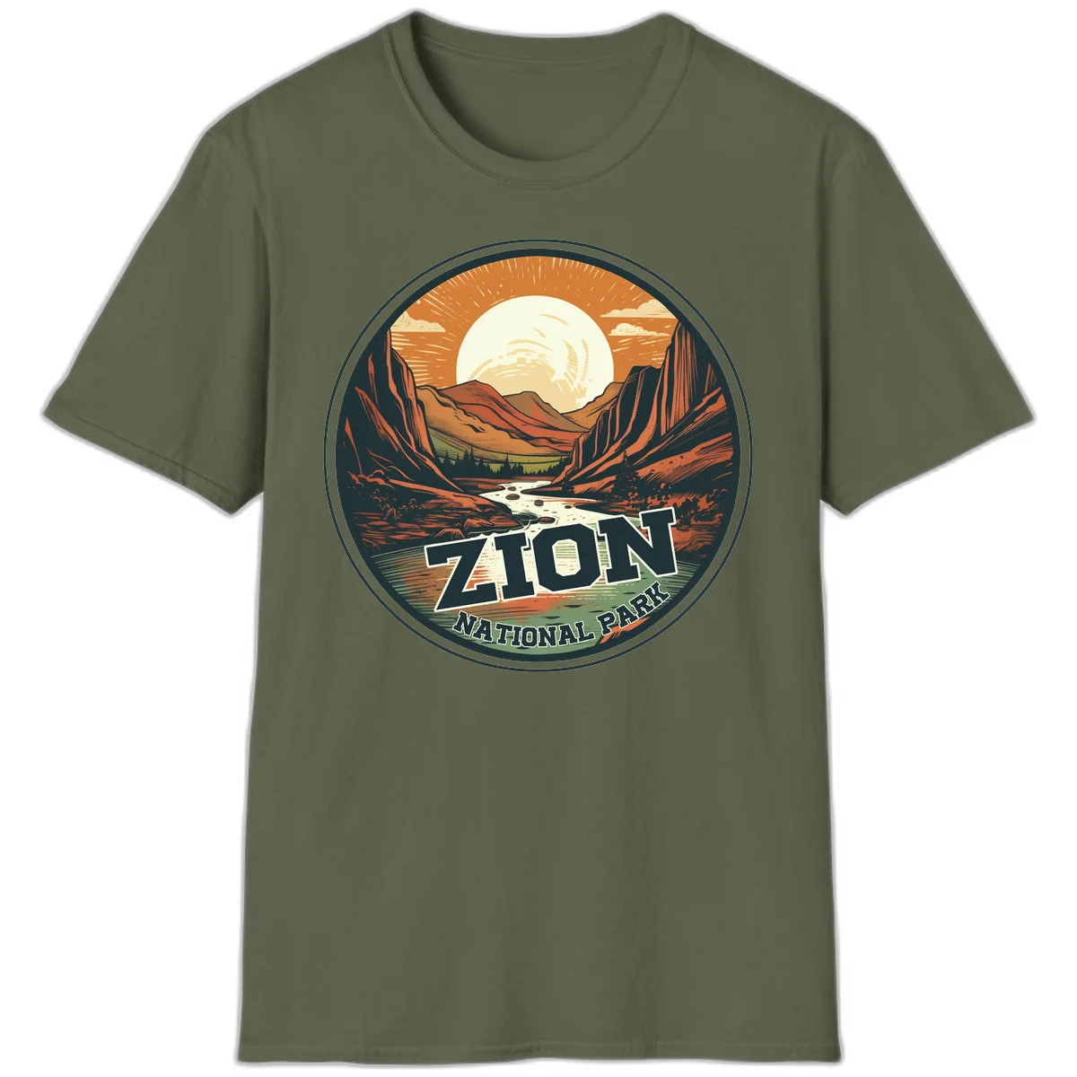 Zion canyon moonrise badge design with red rock walls, moon, river, and evergreens in warm earth tones in Military Green