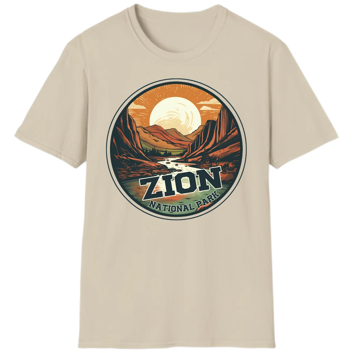 Zion canyon moonrise badge design with red rock walls, moon, river, and evergreens in warm earth tones in Sand