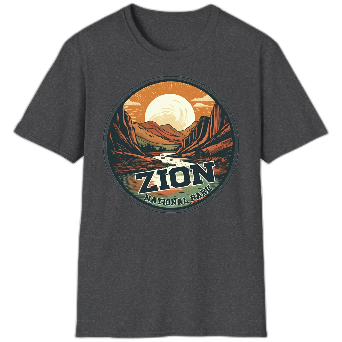 Zion canyon moonrise badge design with red rock walls, moon, river, and evergreens in warm earth tones in Dark Heather