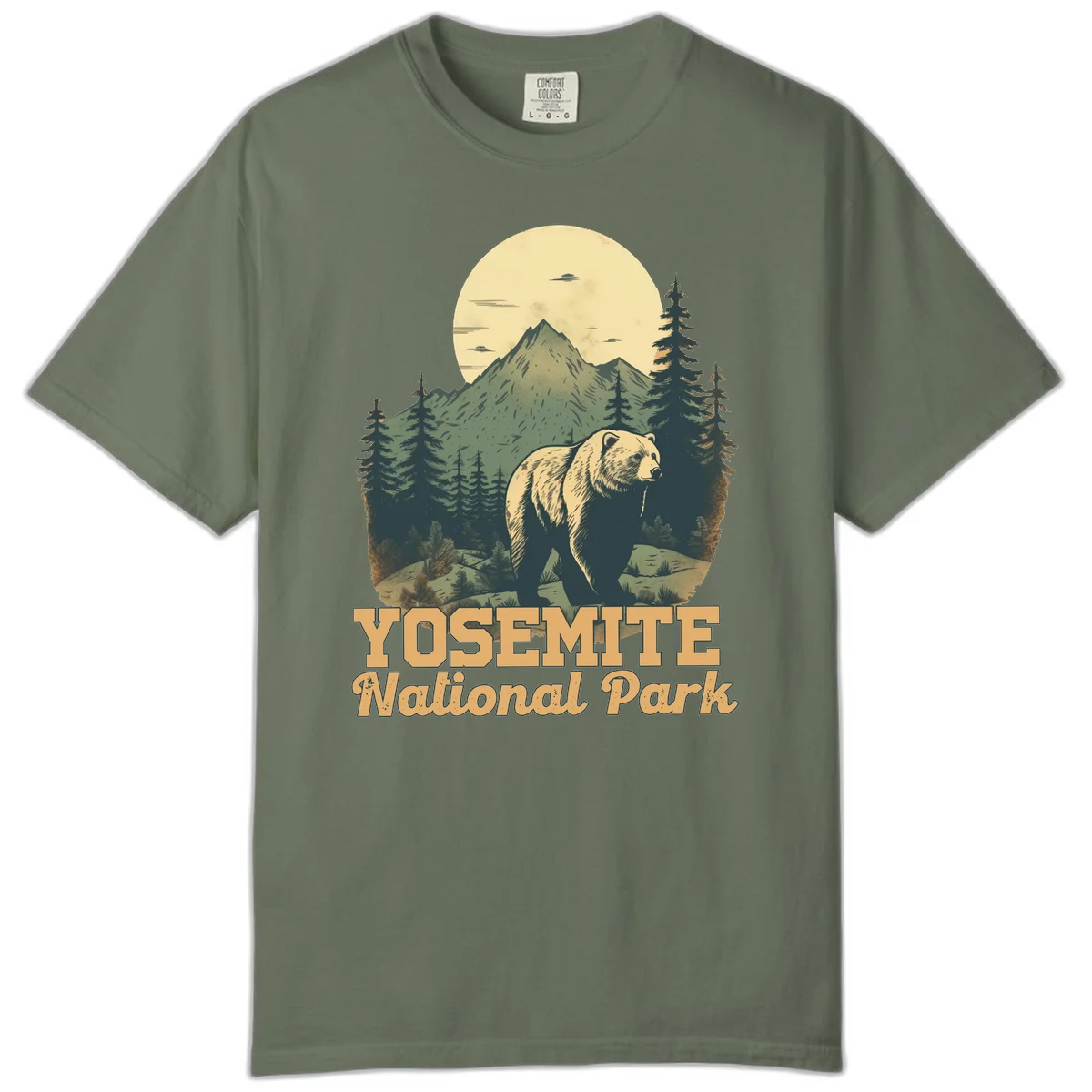 Vintage-style illustration of a grizzly bear before a mountain with full moon, forest, and UFOs—Yosemite National Park design in Moss