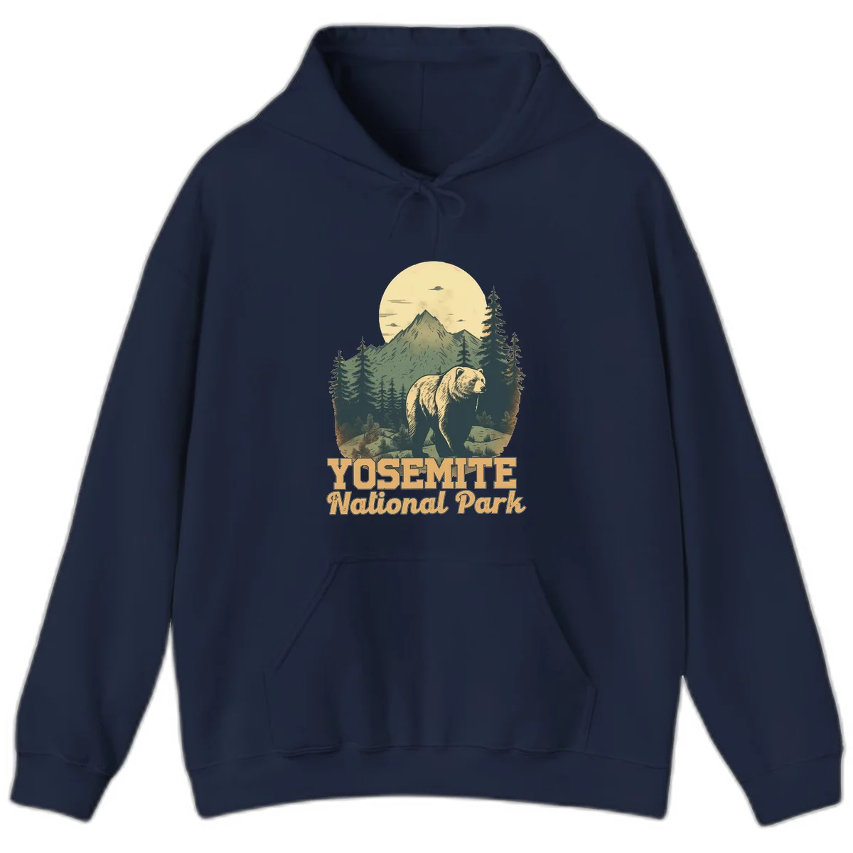 Vintage-style illustration of a grizzly bear before a mountain with full moon, forest, and UFOs—Yosemite National Park design in Navy