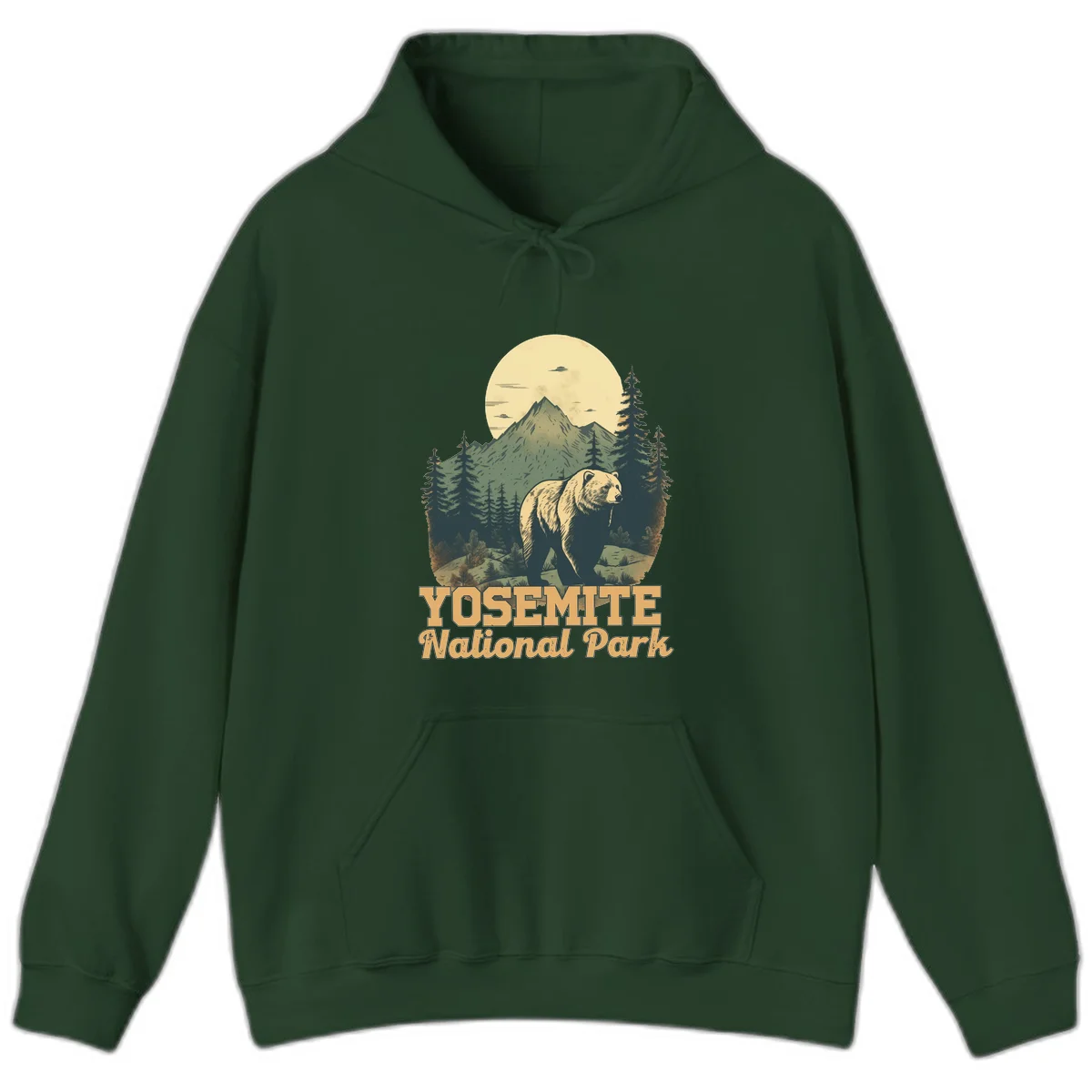 Vintage-style illustration of a grizzly bear before a mountain with full moon, forest, and UFOs—Yosemite National Park design in Forest Green