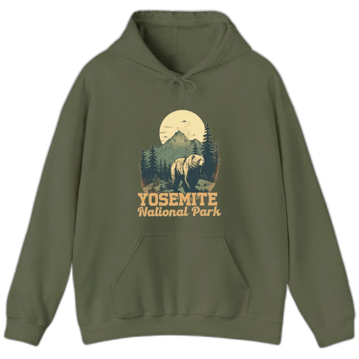 Vintage-style illustration of a grizzly bear before a mountain with full moon, forest, and UFOs—Yosemite National Park design in Military Green