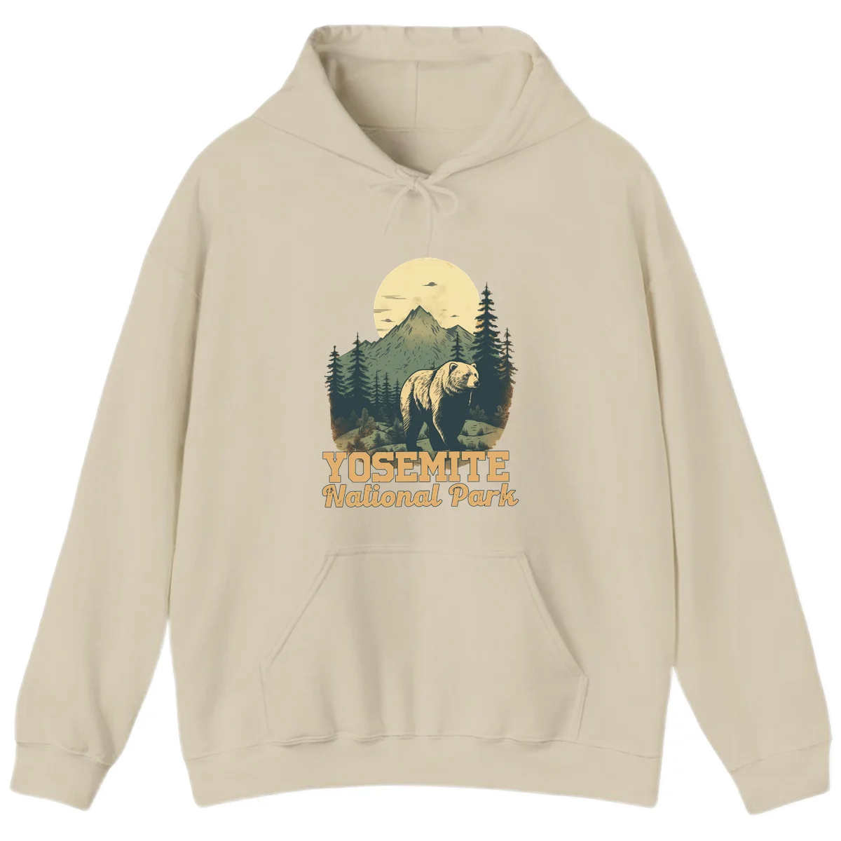 Vintage-style illustration of a grizzly bear before a mountain with full moon, forest, and UFOs—Yosemite National Park design in Sand