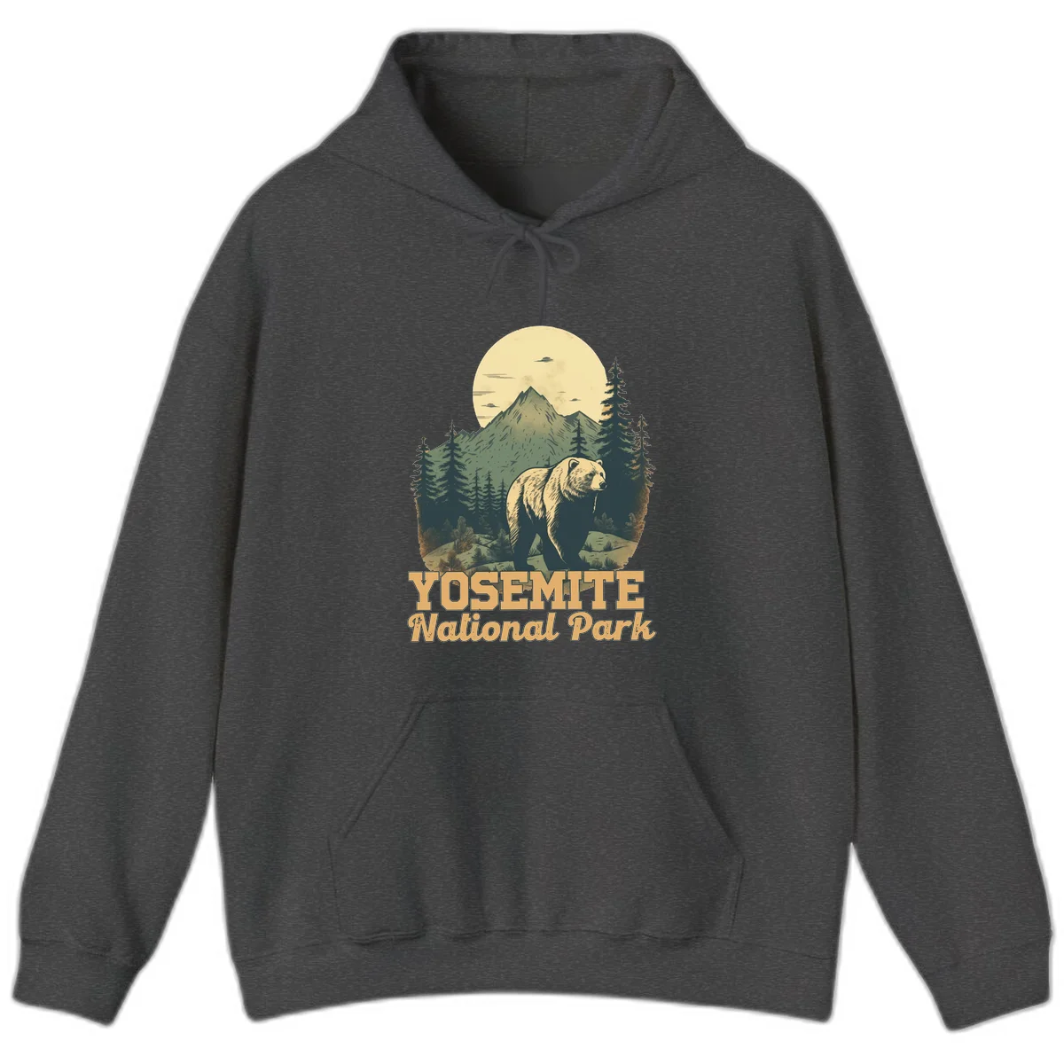 Vintage-style illustration of a grizzly bear before a mountain with full moon, forest, and UFOs—Yosemite National Park design in Dark Heather