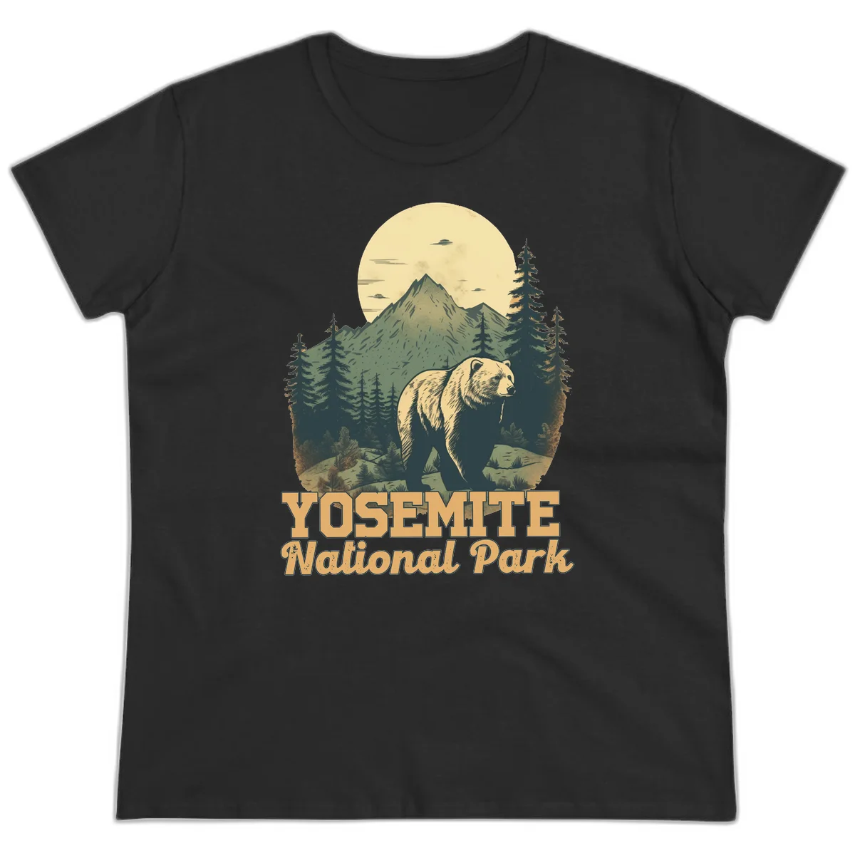 Vintage-style illustration of a grizzly bear before a mountain with full moon, forest, and UFOs—Yosemite National Park design in Black