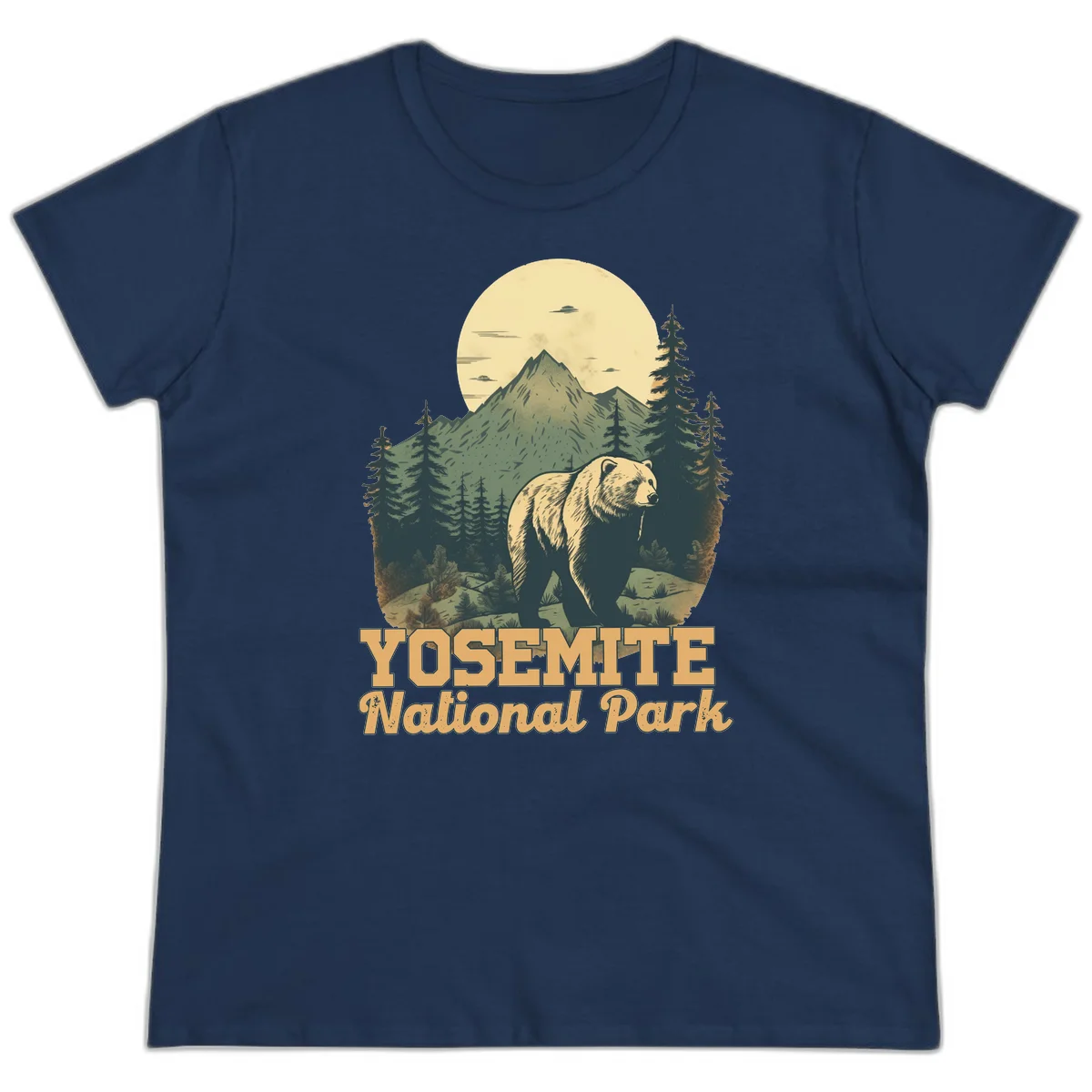 Vintage-style illustration of a grizzly bear before a mountain with full moon, forest, and UFOs—Yosemite National Park design in Navy